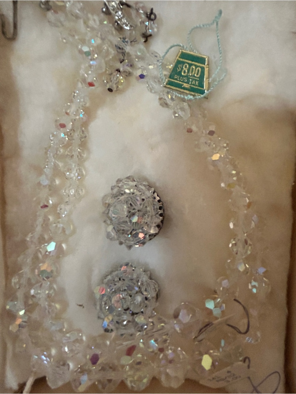 Vintage with Orig Crystal AB Bead Necklace and Clip-On Earrings